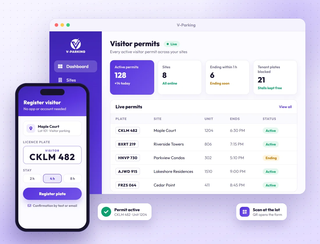 V-Parking dashboard showing live visitor permits, and a phone registering a visitor plate