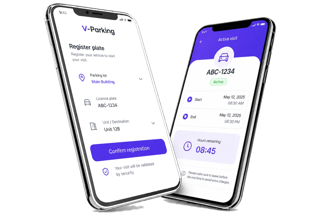 V-Parking app — register plate and active visit status on mobile